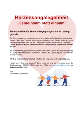 Ehrenamtler/in für Seniorenbegegnungsstätte in Leisnig gesucht