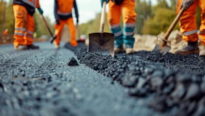 Symbolbild, Pixabay - vier Arbeiter mit Schaufeln asphaltieren eine Straße