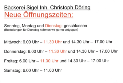 Neue Öffnungszeiten Bäckerei Döring (Bild vergrößern)