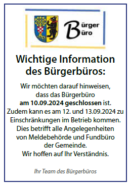 Bürgerbüro am 10.09.2024 geschlossen!