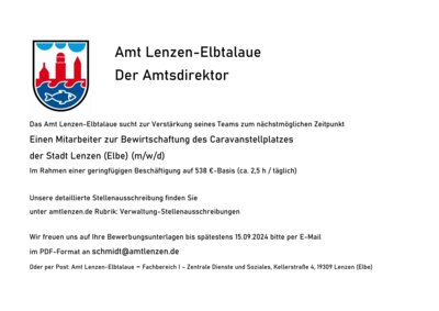 Foto zur Meldung: Stellenausschreibung Mitarbeiter zur Bewirtschaftung des Caravanstellplatzes der Stadt Lenzen (m/w/d)