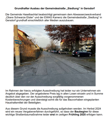 Meldung: Grundhafter Ausbau der Gemeindestraße "Siedlung" verschiebt sich