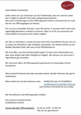 Landbäckerei Kirstein sucht dringend Verkäufer/in für Rädel (Bild vergrößern)