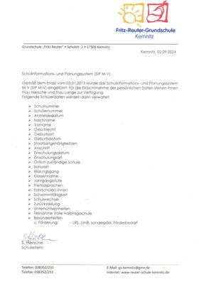 Meldung: Elternbrief Schulinformations- und Planungssystem (SIP M-V)