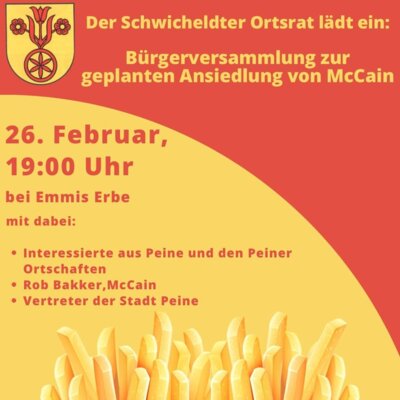 Bürgerversammlung zur geplanten Ansiedlung von McCain am 26.02.2025 um 19.00 Uhr (Bild vergrößern)