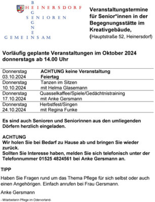 Veranstaltungstermine für Senior*innen im Oktober in der Begegnungsstätte im Kreativgebäude Heinersdorf