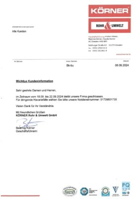Schließzeiten der Firma Körner Rohr & Umwelt (Bild vergrößern)