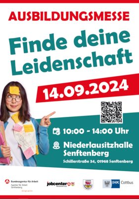 Ausbildungsmesse „Finde deine Leidenschaft“ am 14.09.2024 von 10:00 Uhr bis 14:00 Uhr in Senftenberg, Niederlausitzhalle (Bild vergrößern)