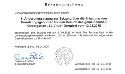 Meldung: 6. Änderungssatzung - Benutzungsgebühren KiGa Derndorf