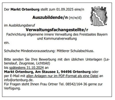 Der Markt Ortenburg stellt zum 01.09.2025 eine/n Auszubildende/n (m/w/d) ein