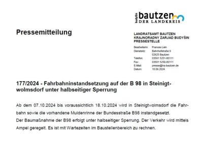 Fahrbahninstandsetzung - Pressemitteilung Landkreis Bautzen (Bild vergrößern)