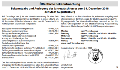 Öffentliche Bekanntmachung: Bekanntgabe und Auslegung des Jahresabschlusses zum 31. Dezember 2018 der Stadt Augustusburg