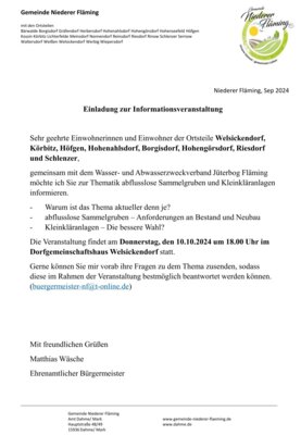 Informationsveranstaltung zur Thematik abflusslose Sammelgruben und Kleinkläranlagen in der Gemeinde Niederer Fläming