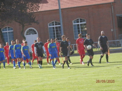 Schiri Jan Porstner (Eldena) mit den Teams um die Mannschaftskapitäne Florian Schwarz Lübz (links in blau) und Max Levetzow Warin (rechts) beim Auflaufen. (Bild vergr&ouml;&szlig;ern)