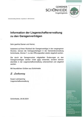 Information der Liegenschaftsverwaltung  zu den Garagenverträgen (Bild vergrößern)