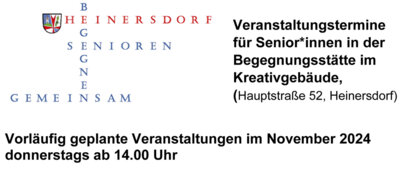 Veranstaltungstermine für Senior*innen im November in der Begegnungsstätte im Kreativgebäude Heinersdorf