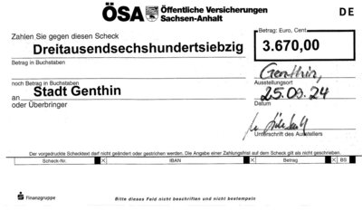 3.670,00 € für eine erfolgreiche Schadensprävention in der Stadt Genthin (Bild vergrößern)