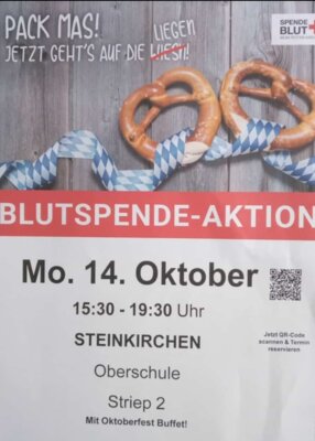 BLUTSPENDE-AKTION am 14. Oktober 2024 15:30 - 19:30 Uhr  - Mit Oktoberfest Buffet - (Bild vergr&ouml;&szlig;ern)