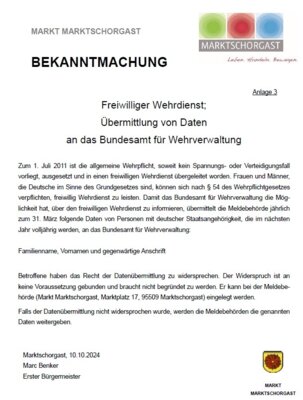 Foto zur Meldung: Freiwillige Wehrdienst-Übermittlung von Daten an Bundesamt für Wehrverwaltung: