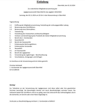 Einladung Jagdgenossenschaft (Bild vergrößern)