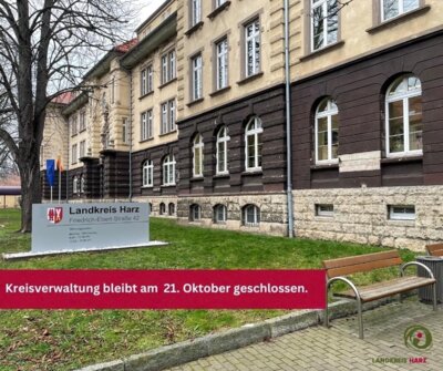 Die Harzer Kreisverwaltung ist aus innerbetrieblichen Gründen am Montag, 21. Oktober, ganztägig geschlossen. (Bild vergrößern)