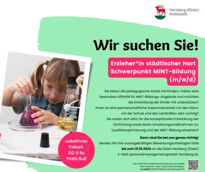 Stellenausschreibung Erzieher*in (m/w/d) in unserem städtischen Hort „Fit for Fun“ mit dem Schwerpunkt MINT-Bildung