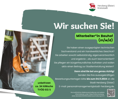 Meldung: Wir suchen Sie! Im städtischen Bauhof als Mitarbeiter*in (m/w/d)