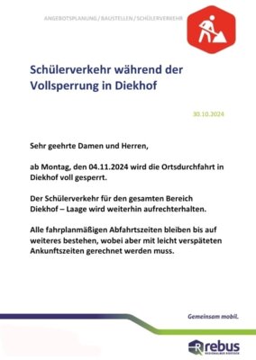 Foto zur Meldung: Information zum Schülerverkehr während der Vollsperrung in Diekhof