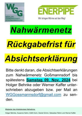 Erinnerung Abgabefrist Nahwärmenetz