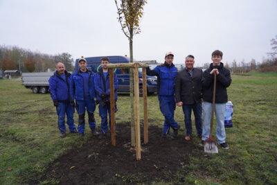 v. l.: Jens Komorek, Ausbilder Cliff Henning, Azubi im 3. Lehrjahr Paul Mettcher, Azubi im 1. Lehrjahr Max Neumann (Ausbildungsberuf Garten- und Landschaftsbauer), Bürgermeister Christoph Schmidt, Azubi im 1. Lehrjahr Iven Schulze (Ausbildungsberuf Verwaltungsfachangestellter) (Bild vergrößern)