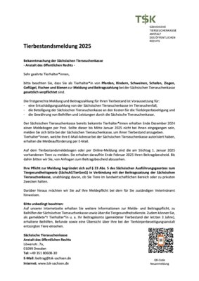 Meldung: Bekanntmachung der Sächsischen Tierseuchenkasse - Meldejahr 2025
