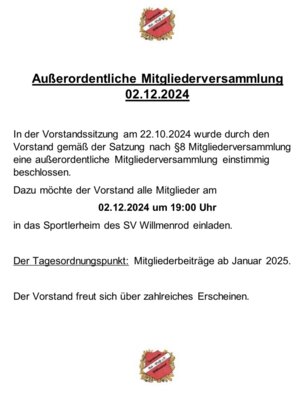 Meldung: Außerordentliche Mitgliederversammlung des SV Willmenrod