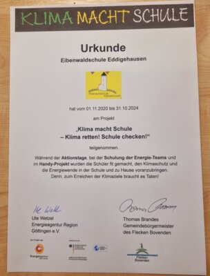 Foto zur Meldung: Urkunde: Klima macht Schule Foto zur Meldung: Urkunde: Klima macht Schule