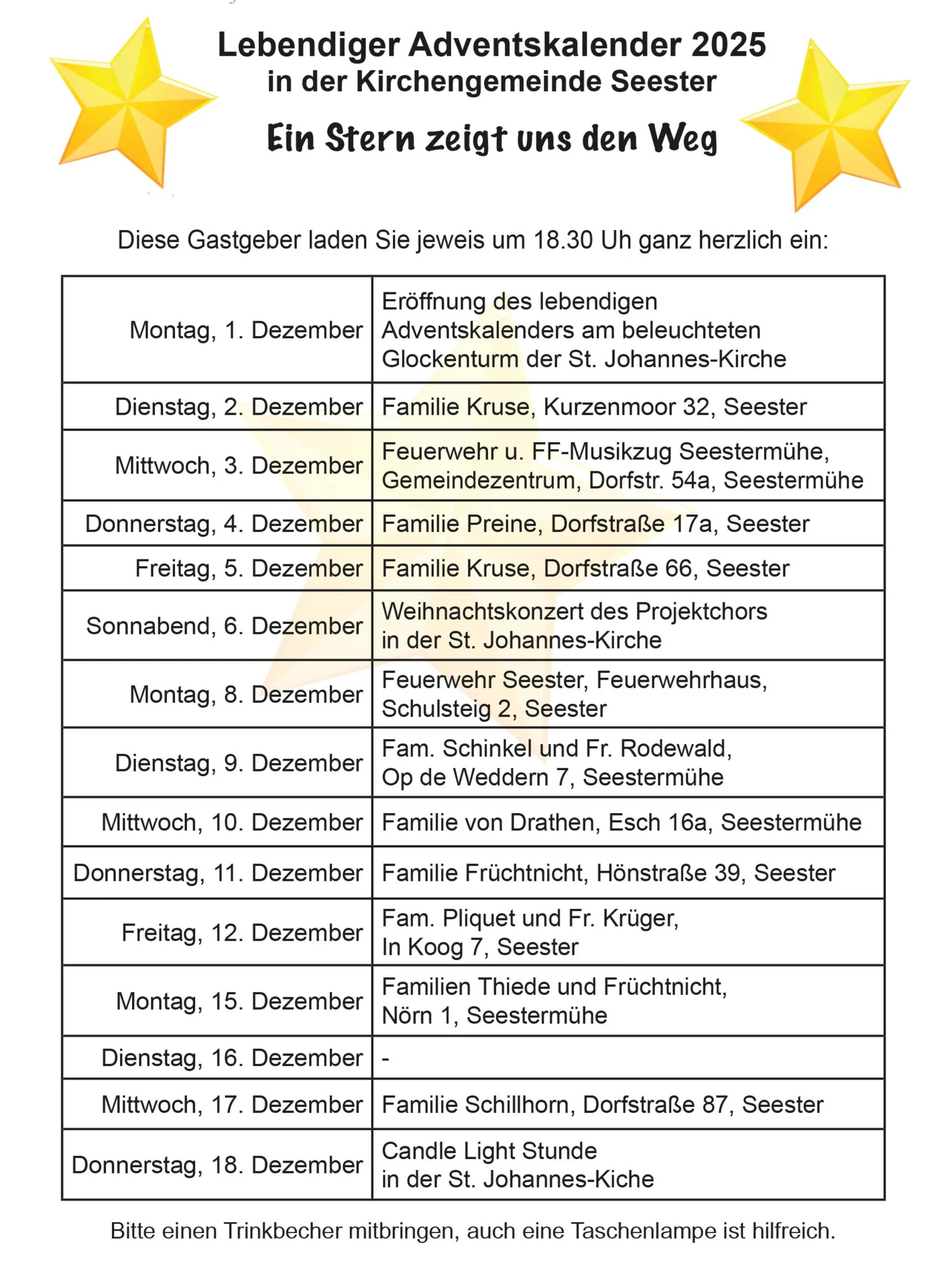 Programm des Lebendigen Adventskalenders in Seester 2025
