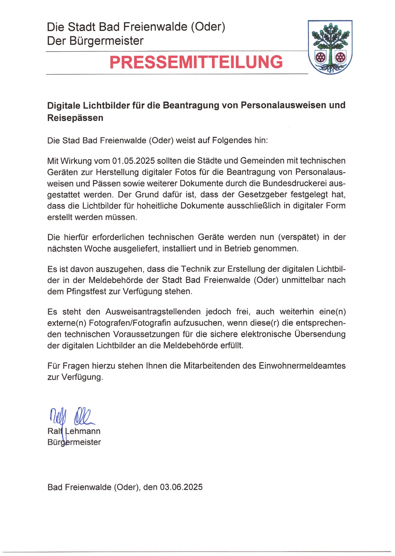 Digitale Lichtbilder für die Beantragung von Personalausweisen und Reisepässen