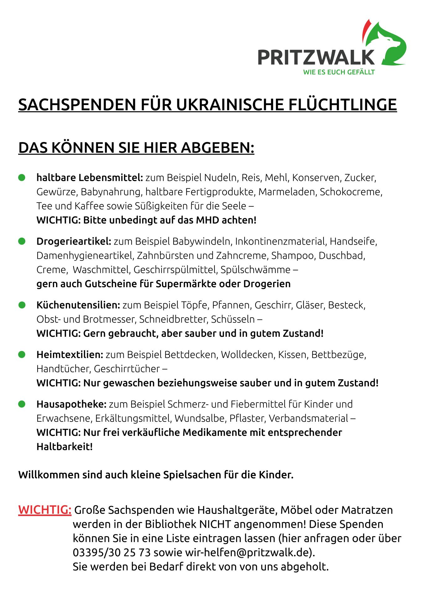 Liste mit geeigneten Spenden für ukrainische Flüchtlinge. Quelle: Stadt Pritzwalk