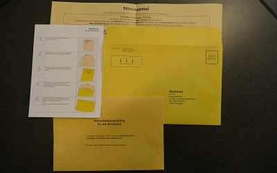3.2. Unterlagen für Kreistagswahl: gelber Wahlschein, gelber Stimmzettel, gelber Stimmzettelumschlag und gelber Wahlbrief
