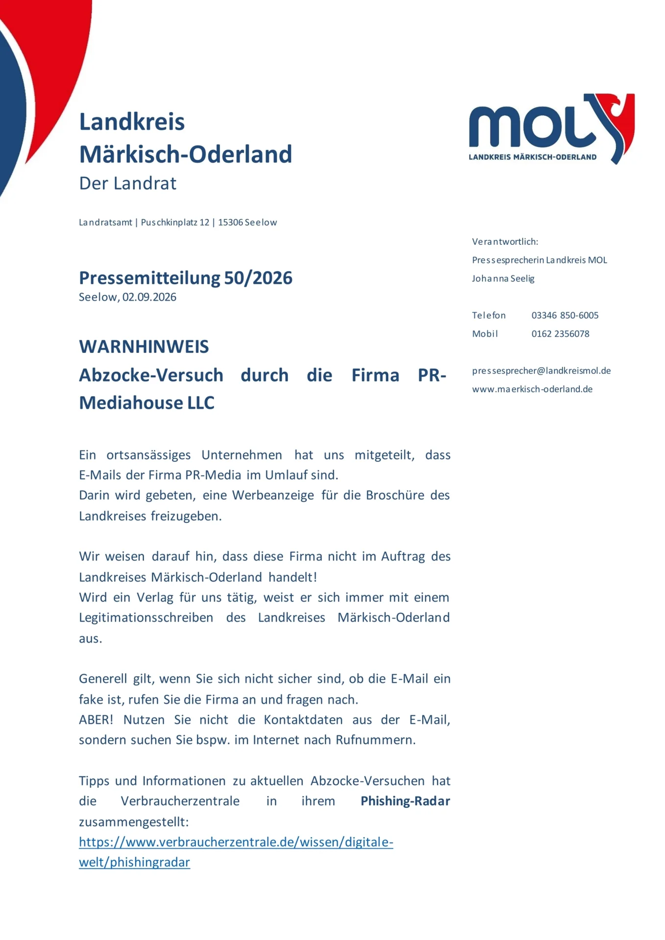 Pressemitteilung des Landkreises: Warnung vor Abzocke-Versuch