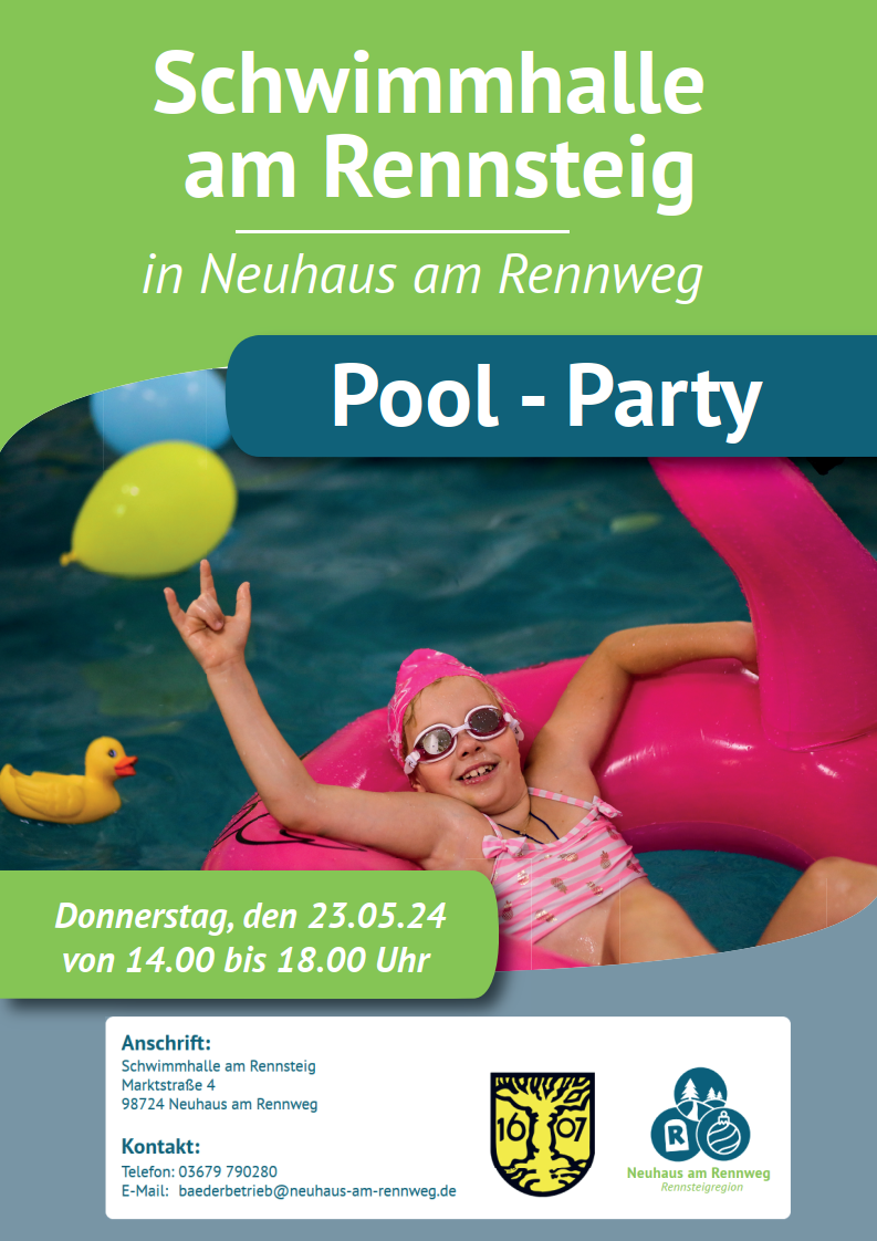 Plakat Pool-Party 23. Mai 2024 Schwimmhalle am Rennsteig
