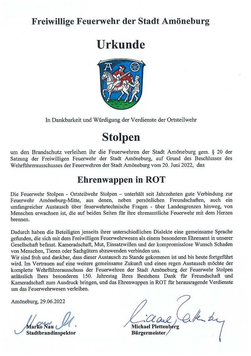 Freiwillige Feuerwehr Stadt Amöneberg Urkunde