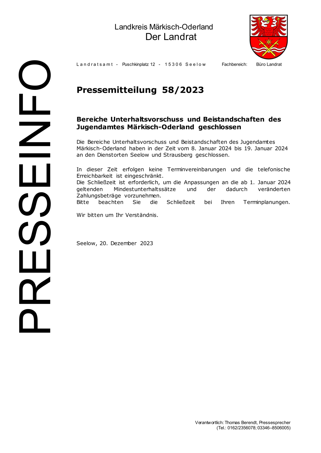 Pressemitteilung -  - 582023 - Schließzeit JA - 05.12.2023 - 