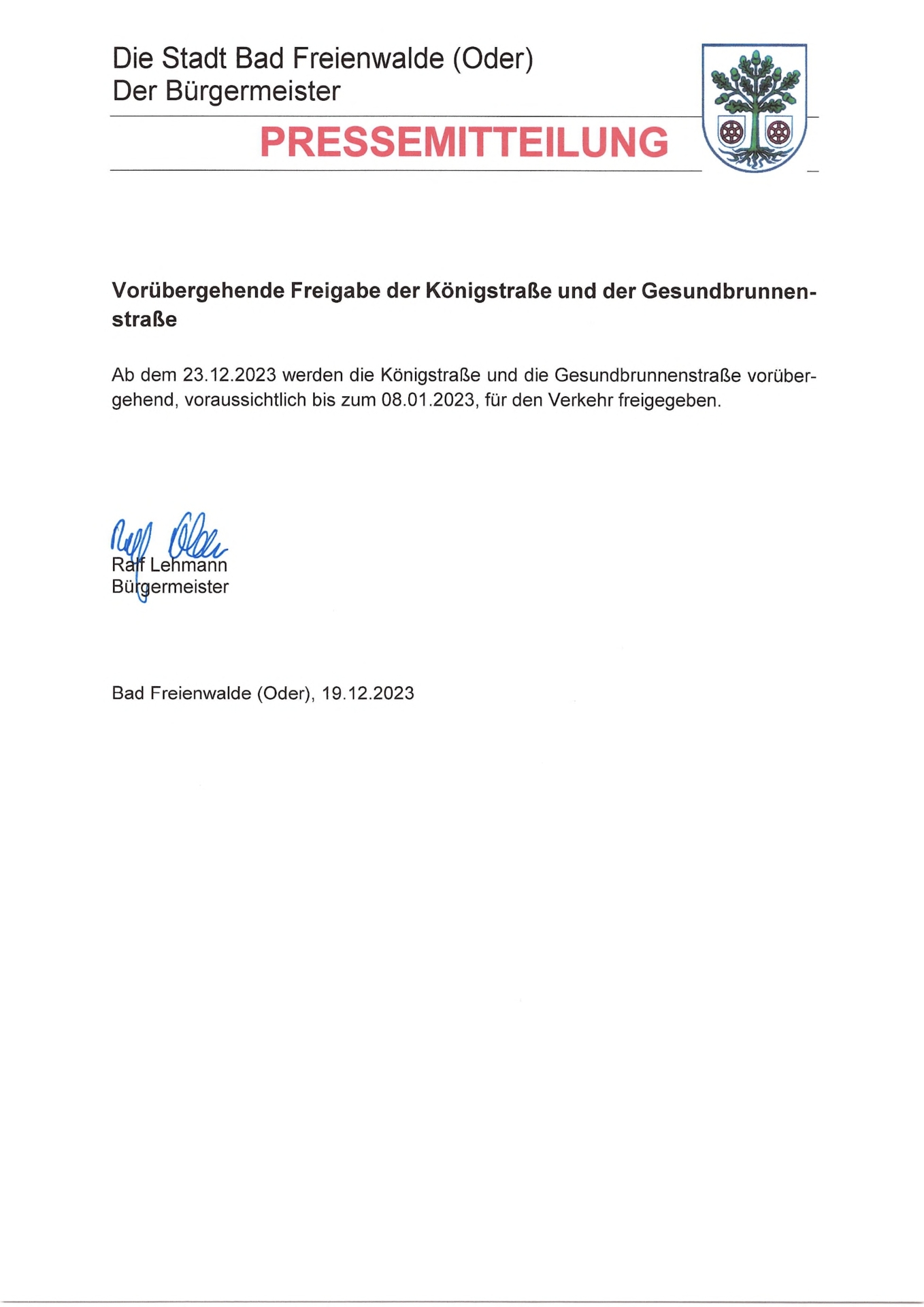 Pressemitteilung Freigabe König- und Gesundbrunnenstraße