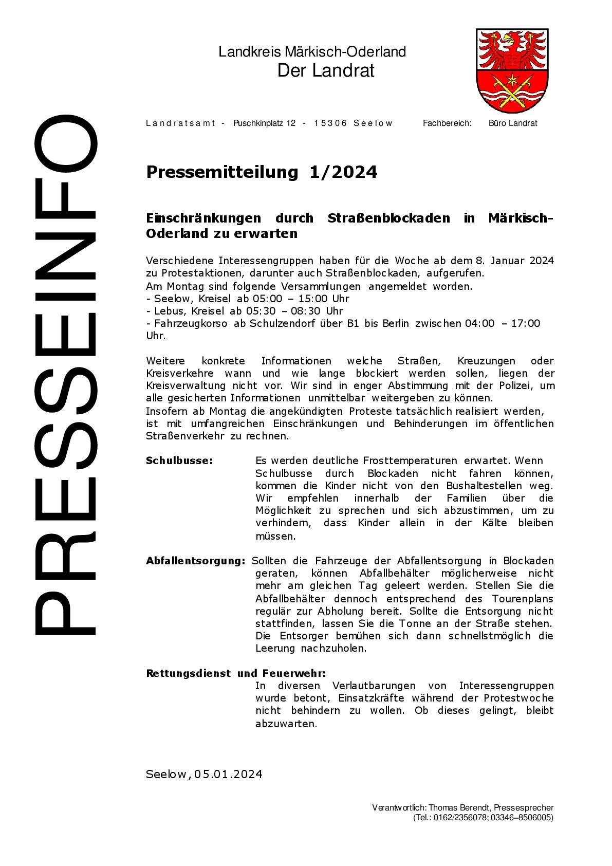 Pressemitteilung -  - 12024 - Einschränkungen durch Straßenblockaden in Märkisch-Oderland zu erwarte-001