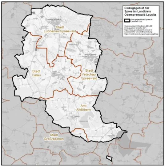 Karte: Übersicht des Teileinzugsgebiets Mittlere Spree auf dem Gebiet des Landkreises Oberspreewald-Lausitz (siehe Anlage 1 der Allgemeinverfügung des Landkreises Oberspreewald-Lausitz als untere Wasserbehörde zur Wasserentnahme aus oberirdischen Gewässern für das Teileinzugsgebiet Mittlere Spree)