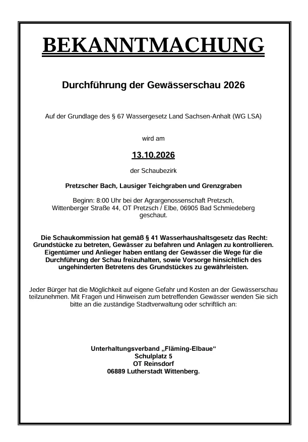 Bekanntmachung Gewässerschau