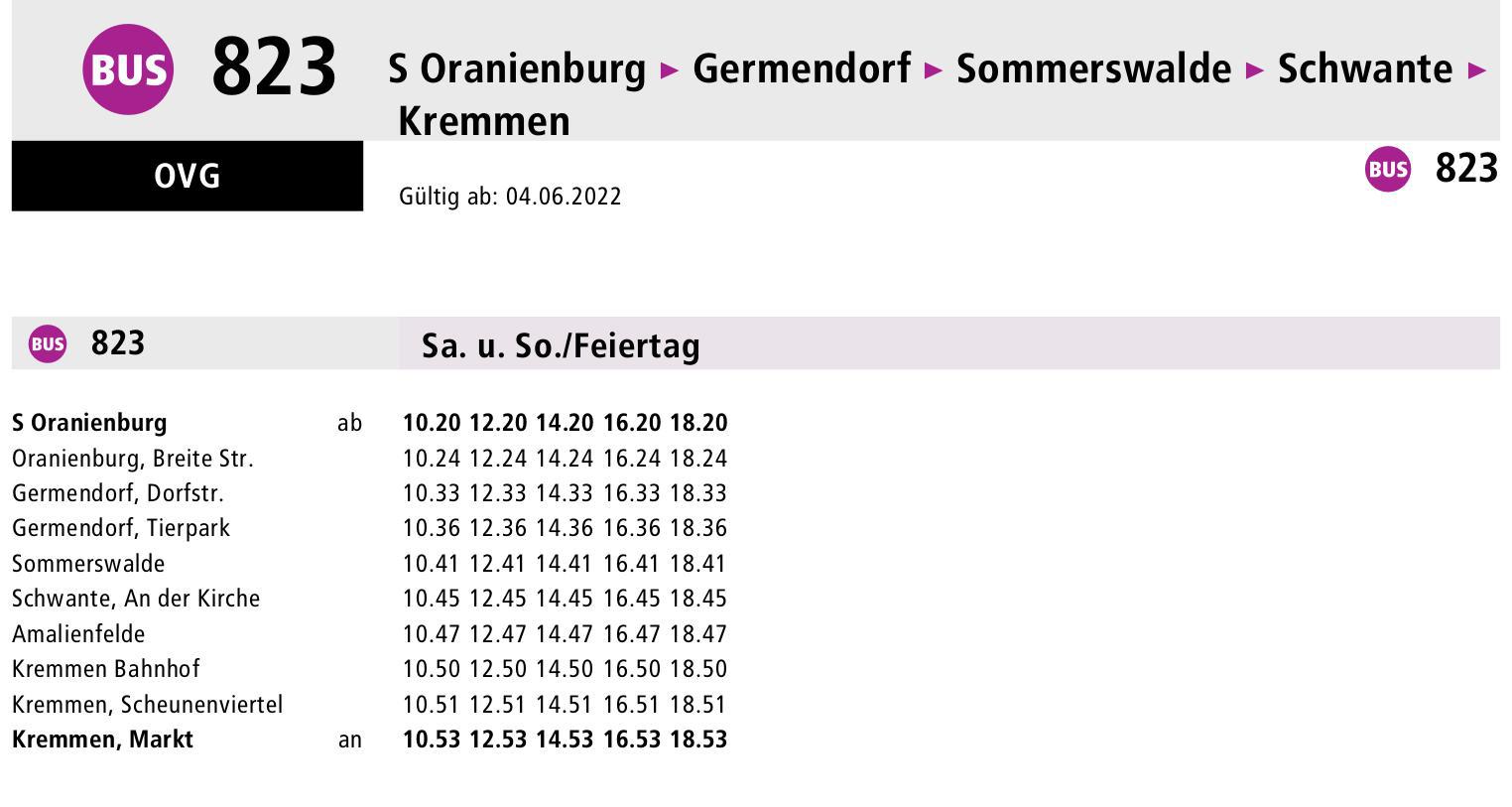 Fahrplan Linie 823 Oranienburg - Kremmen
