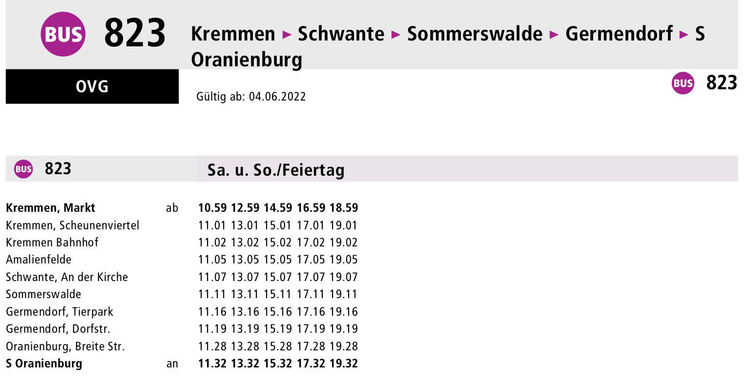Fahrplan Linie 823 Kremmen - Oranienburg