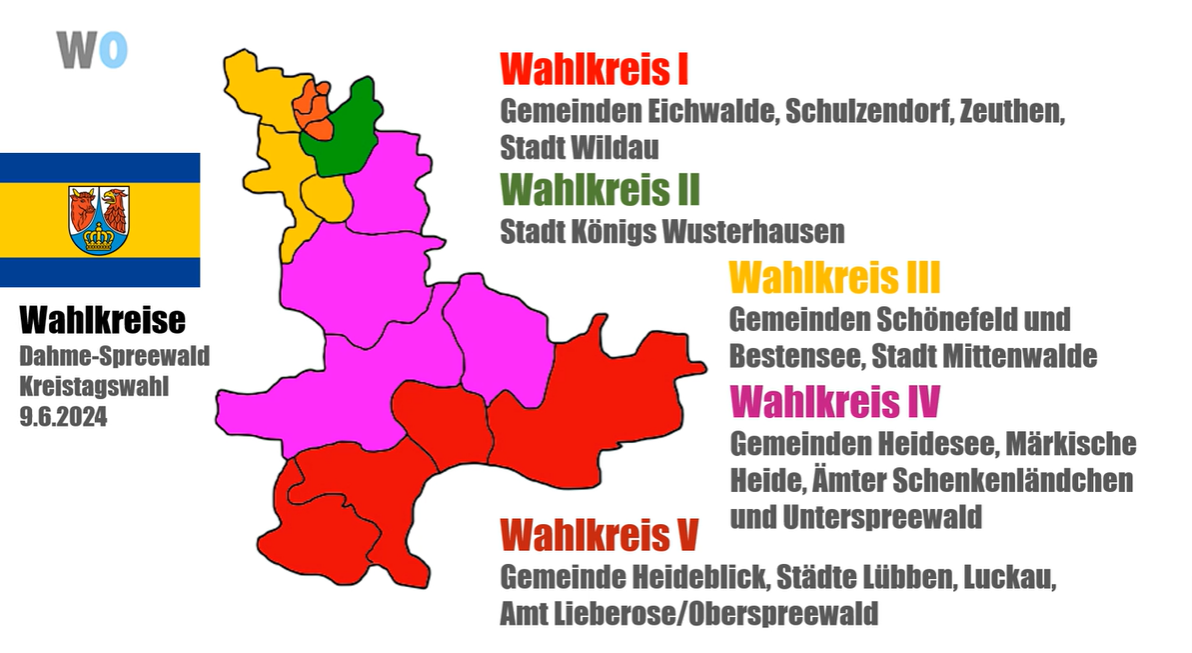 Wahlkreise für die Kreistagswahl 2024 in Dahme-Spreewald. Grafik: Karen Ascher
