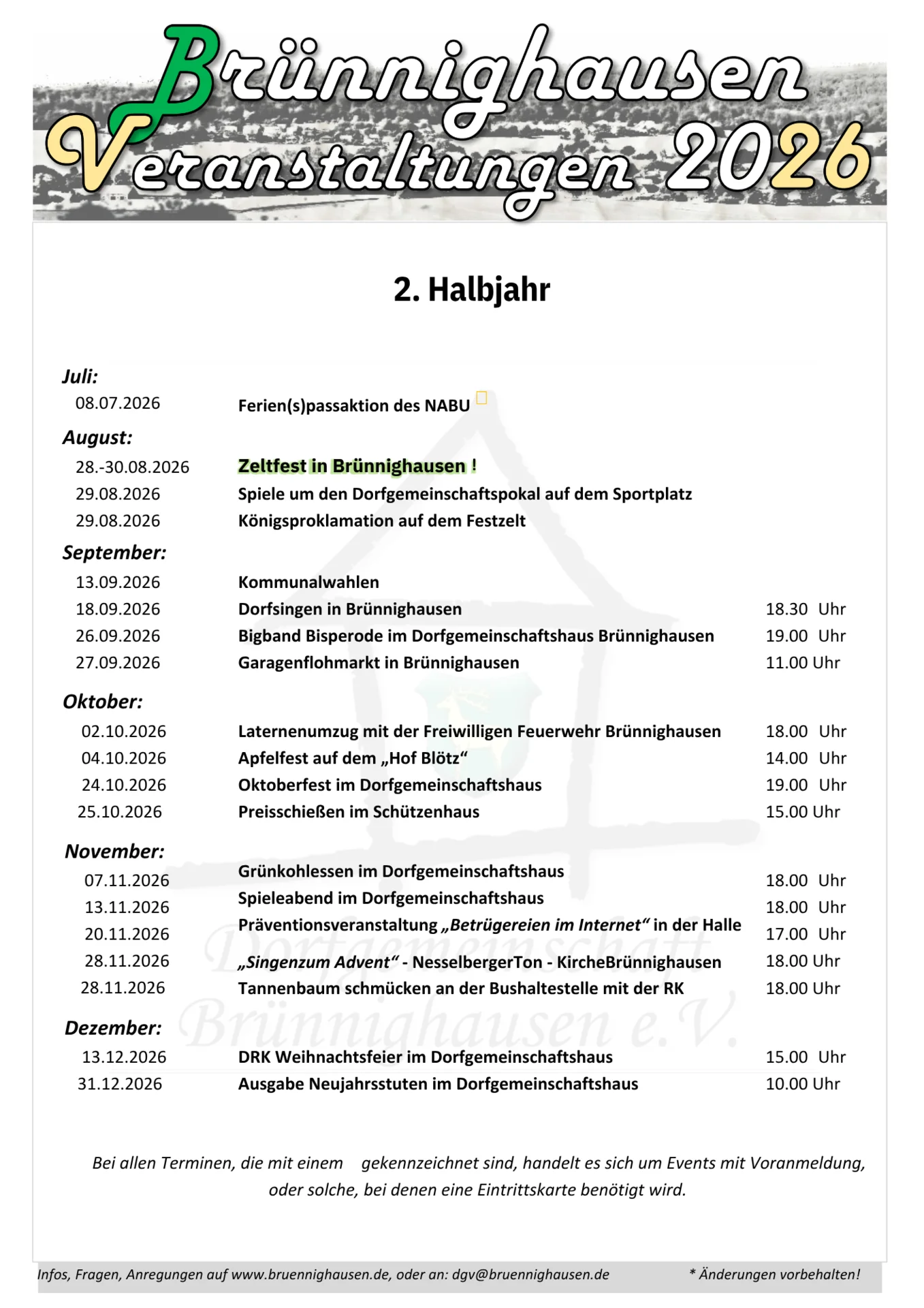 Veranstaltungskalender 2. Halbjahr