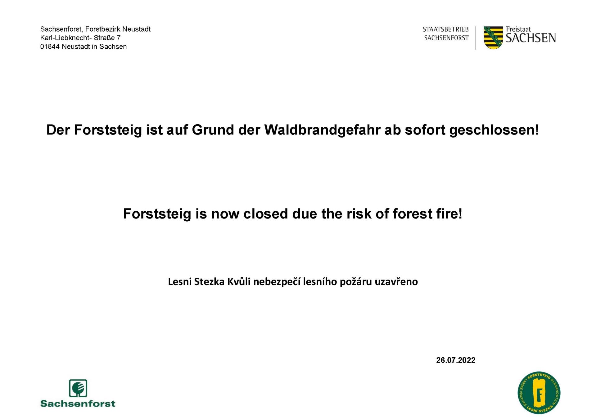 Der Forststeig ist auf Grund der Waldbrandgefahr ab sofort geschlossen